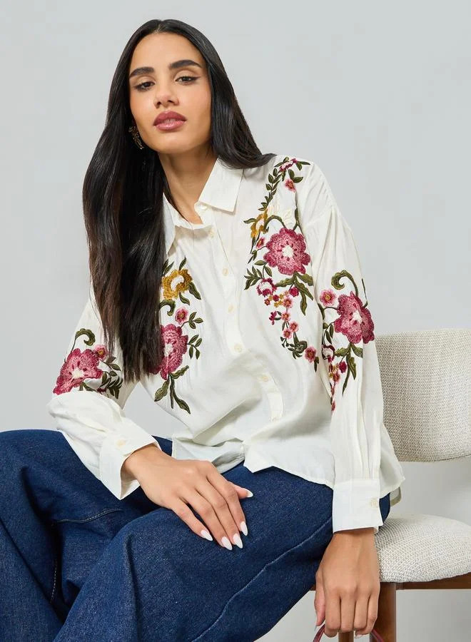 Floral Embroidered Shirt Beige