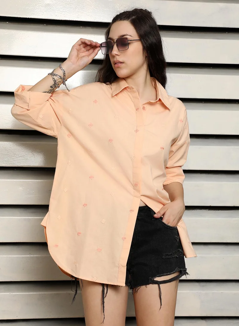 Women's Embroidered Cotton Oversized Button Down Shirt, Apricot