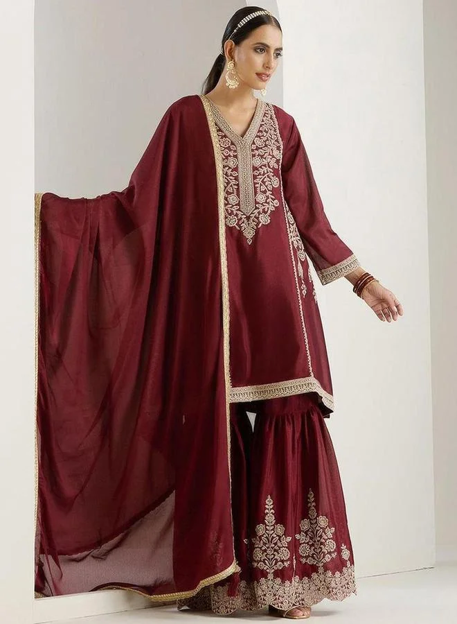 Embroidered V-Neck Kurta & Sharara Set Burgundy