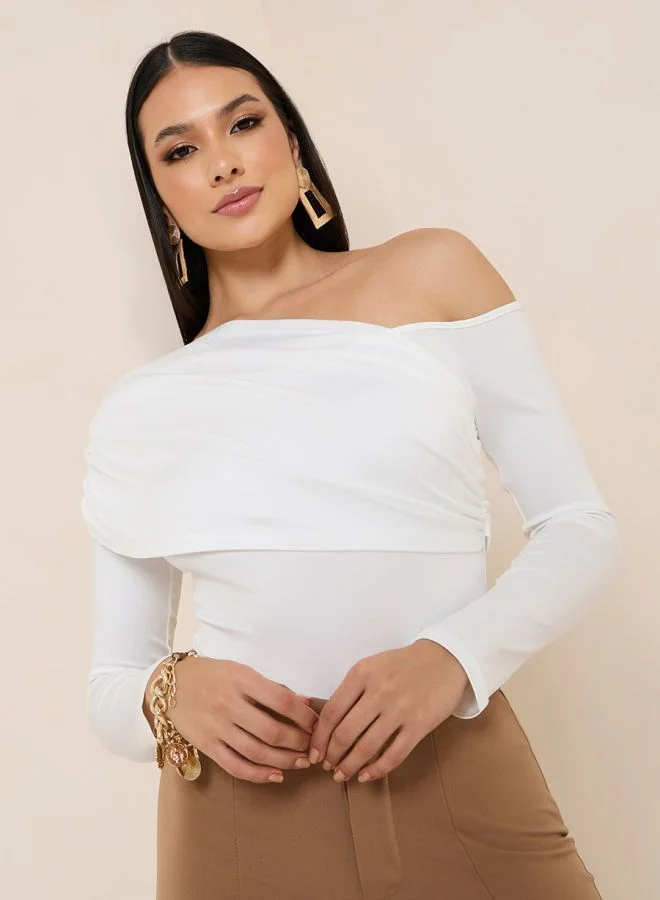 Styli Asymmetric Gathered Bodysuit White