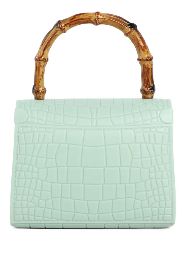 Mint Croc-Embossed PU Leather Handbag with Wooden Handles and Detachable Chain Strap – image 3