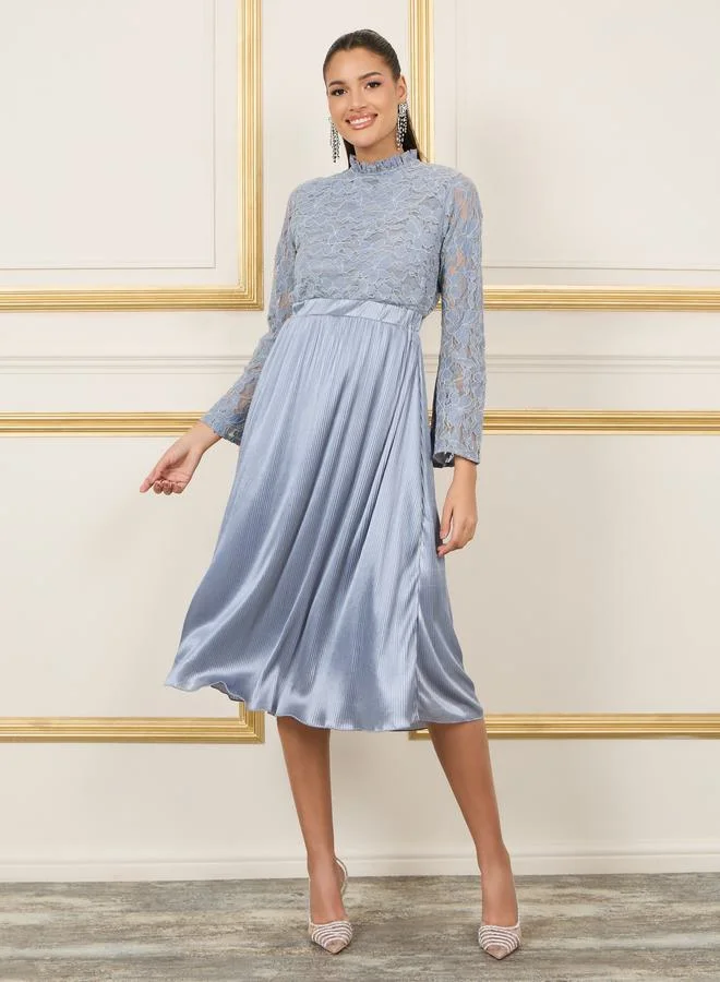 Styli Satin Lace Pleated Midi Dress