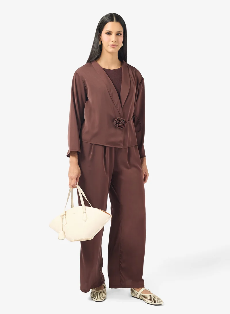 Side Tie Longline Top and Pant Set Brown
