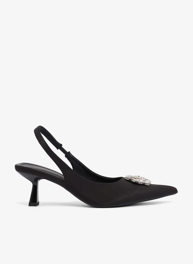 Silver Flower Embellished Mid Heel Slingback Pumps Black