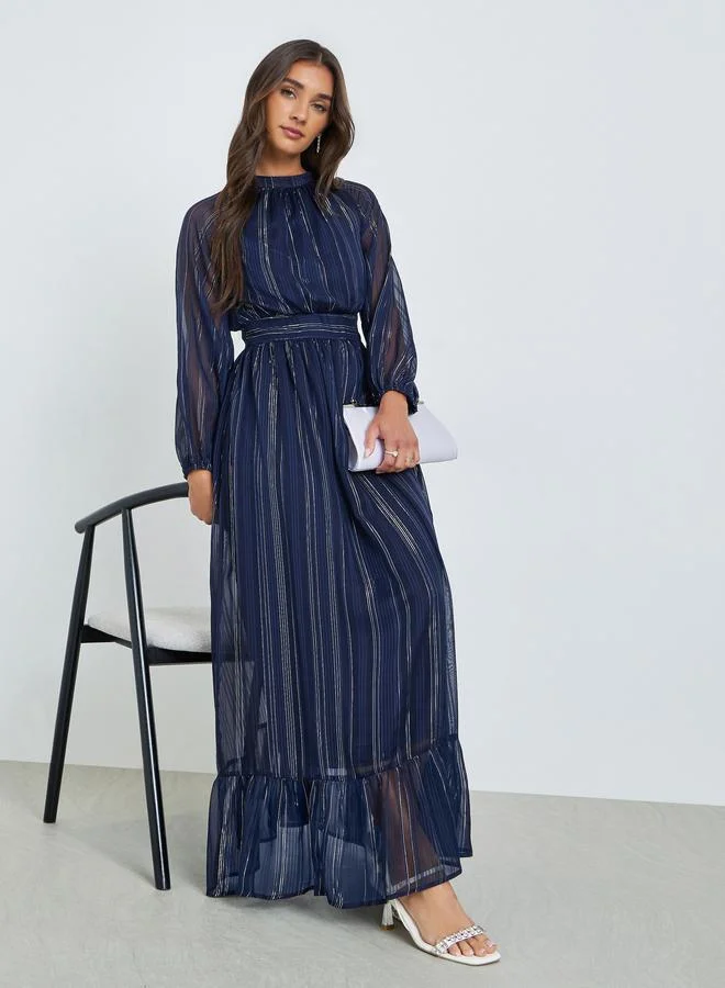 Striped Balloon Sleeve A-Line Maxi Dress - Deep Blue