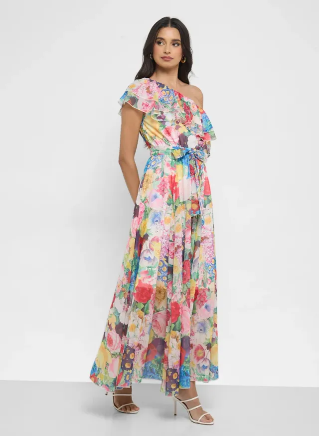 Multicolored Floral One-Shoulder Maxi Dress