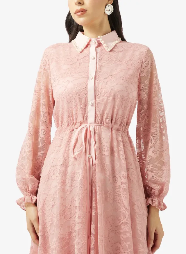 Dusty Pink Textured Maxi Shirt Dress with Collar and Long Sleeves – image 3