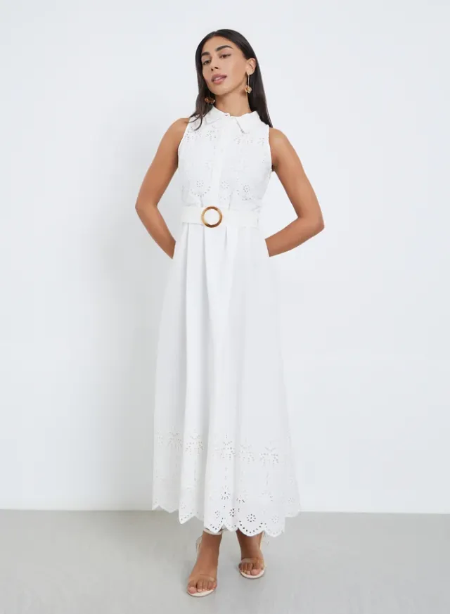 Styli Schiffli Belted Shirt Midi Dress Off-White – image 3