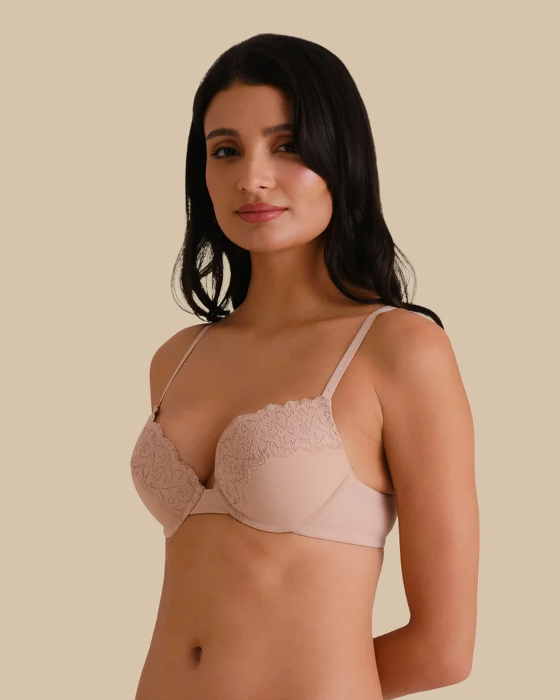 Isla & Evie Rib Push Up Bra Pale Beige