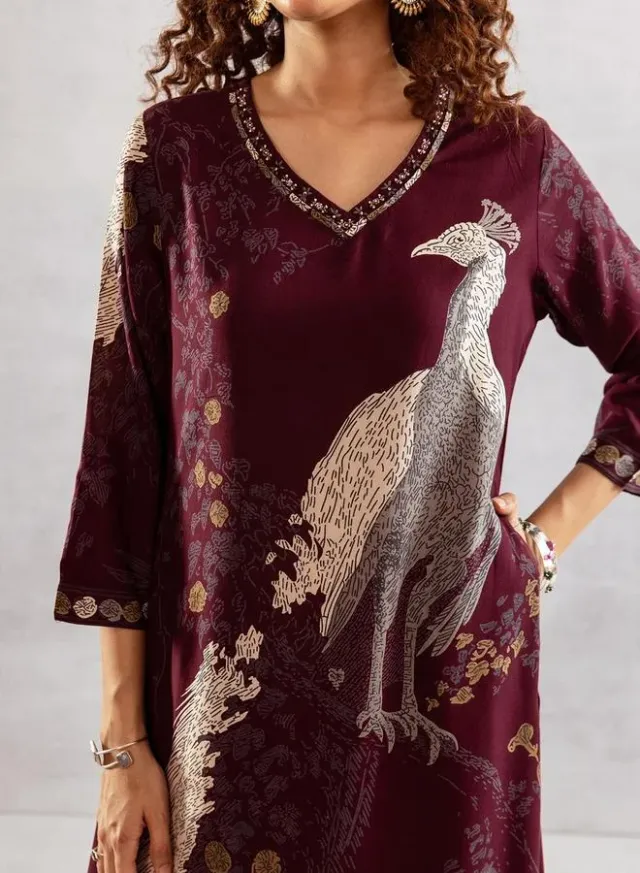 Ishin Women's Wine Rayon Printed 2-Piece Kurta Set – image 5