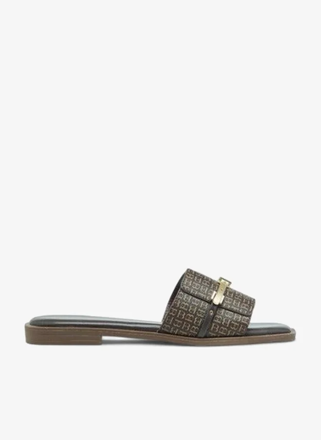 Women's Monogram Print Metal Accent Flat Sandals Brown