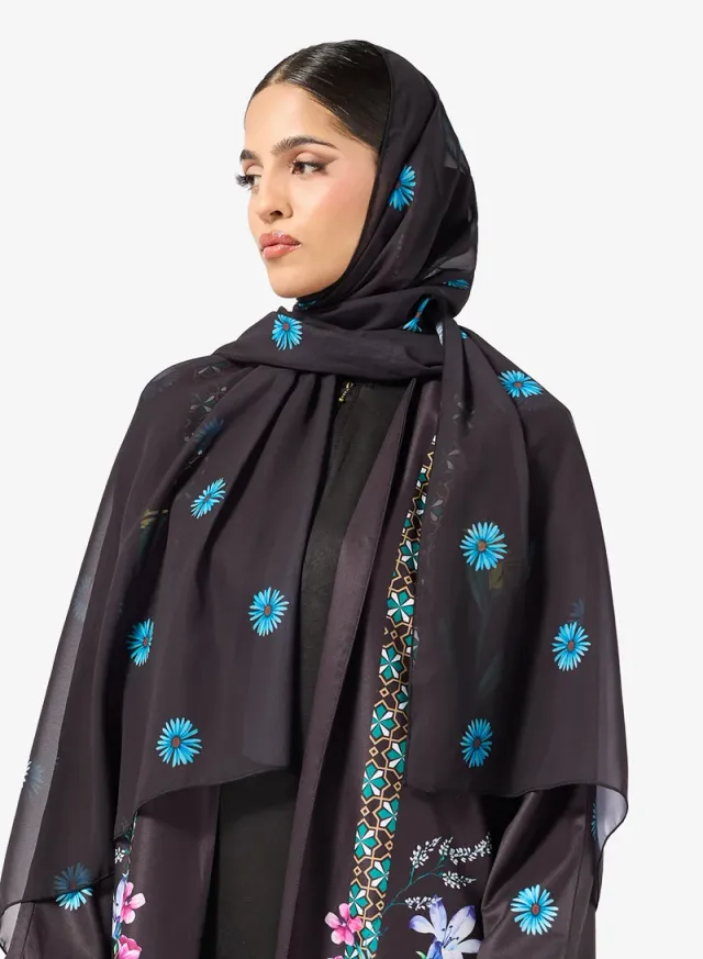 Charcoal Floral Print Long-Sleeve Abaya for Women – image 3