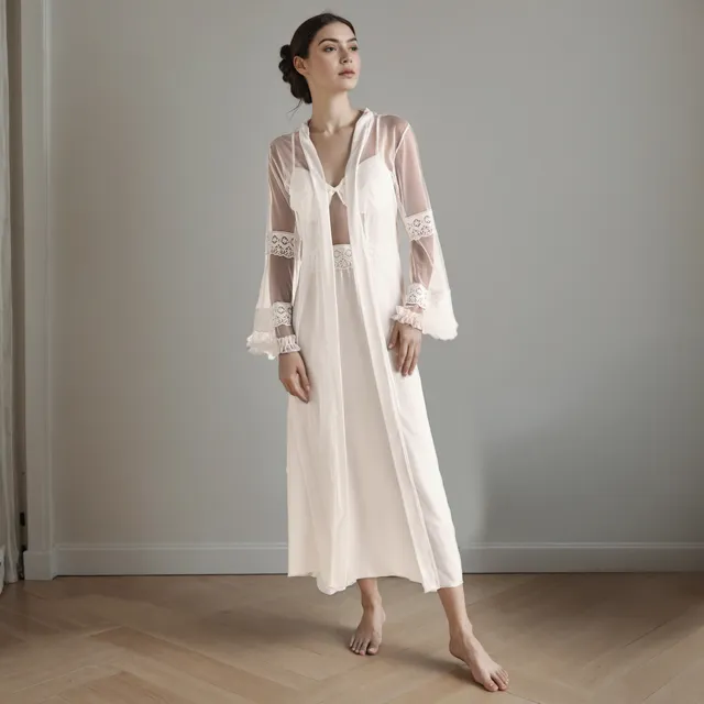 Lace Trim Bridal Nightgown & Robe Set – image 2