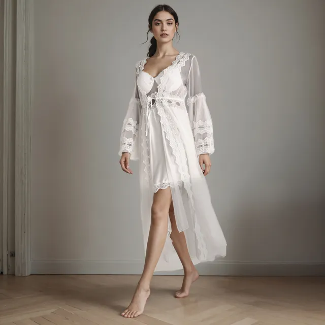 Nylon Stretch Lace Panel Bridal Night Dress with Robe Set