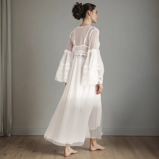 Nylon Stretch Lace Panel Bridal Night Dress with Robe Set – image 3