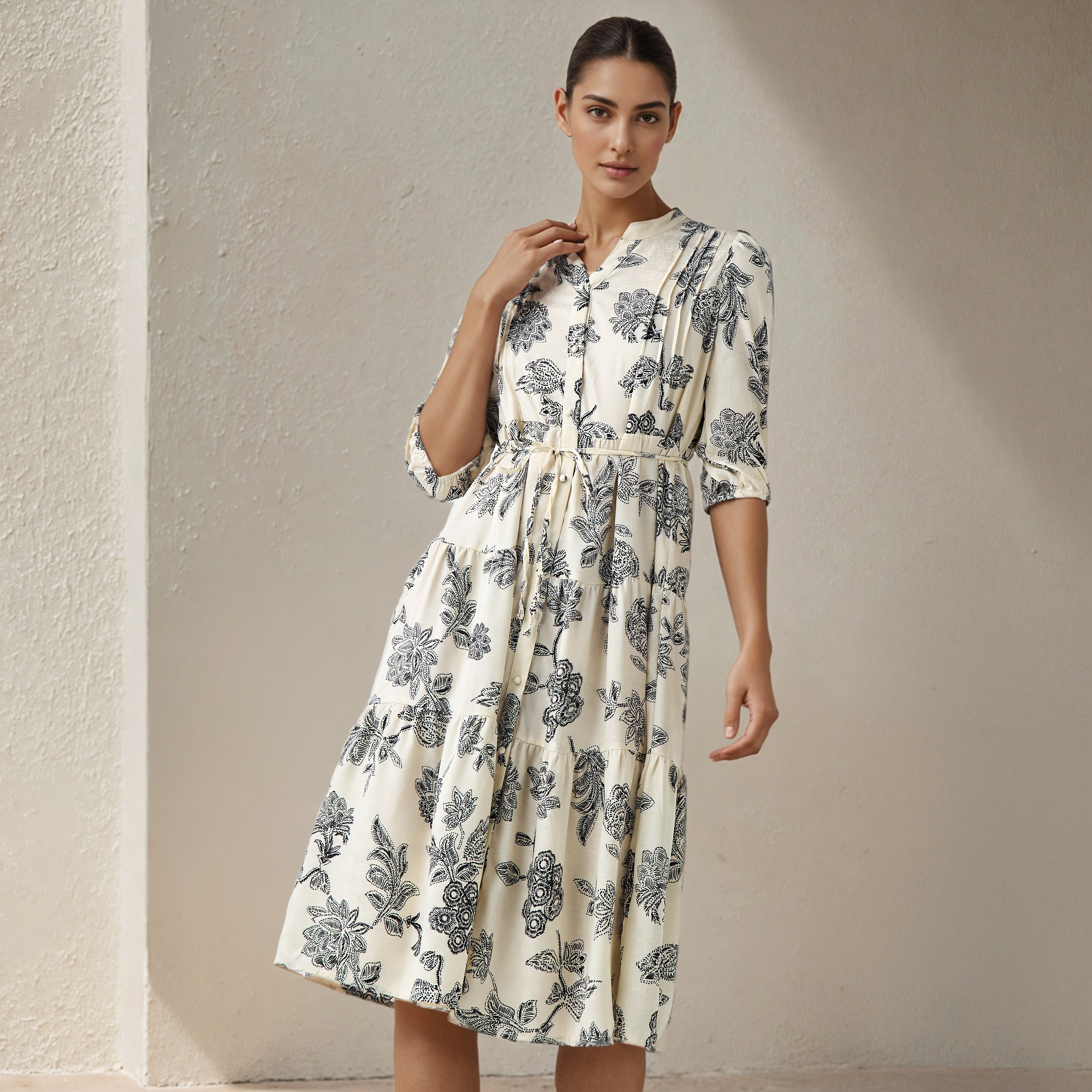 Floral Pintuck Midi Dress