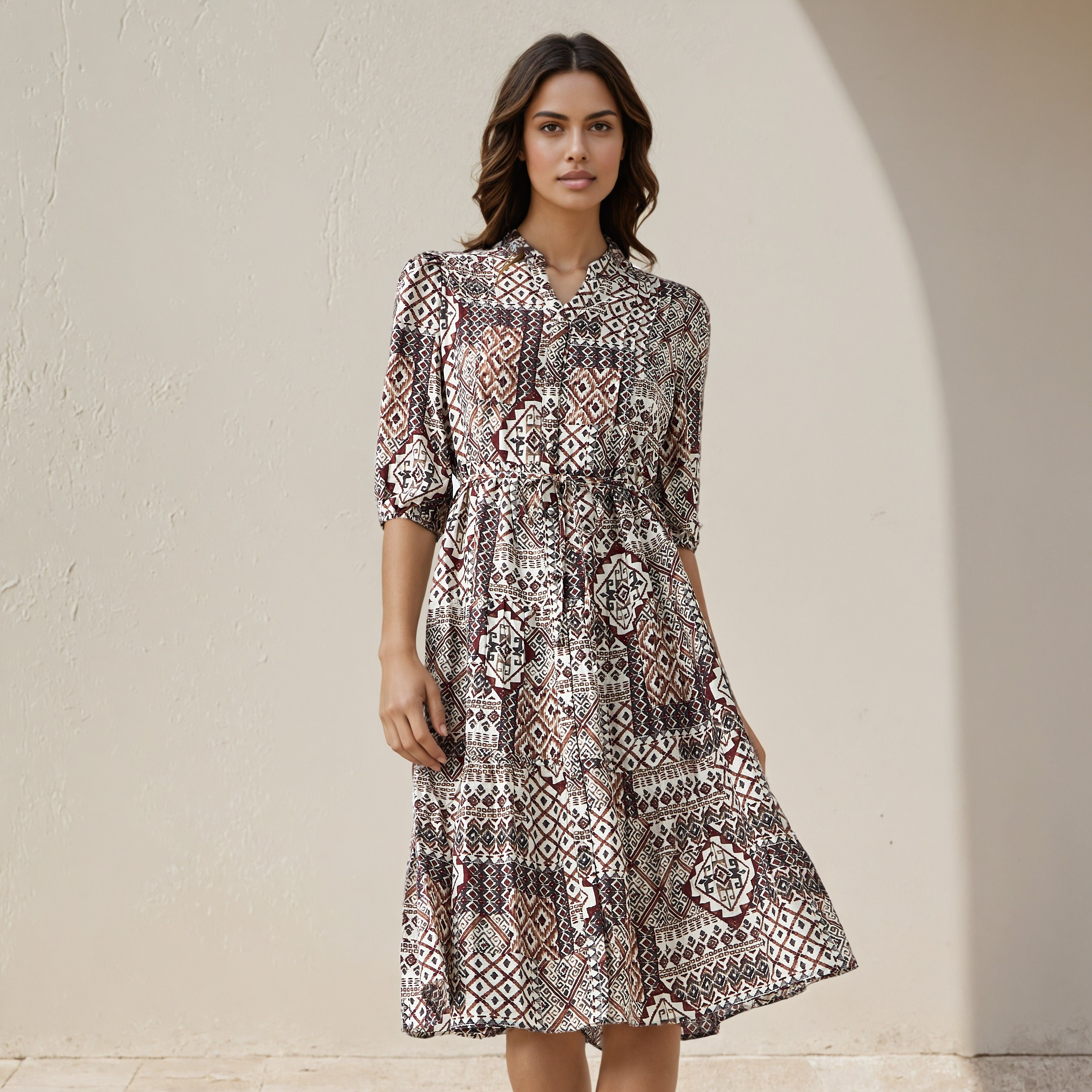 Printed Pintuck Viscose Midi Dress Brown