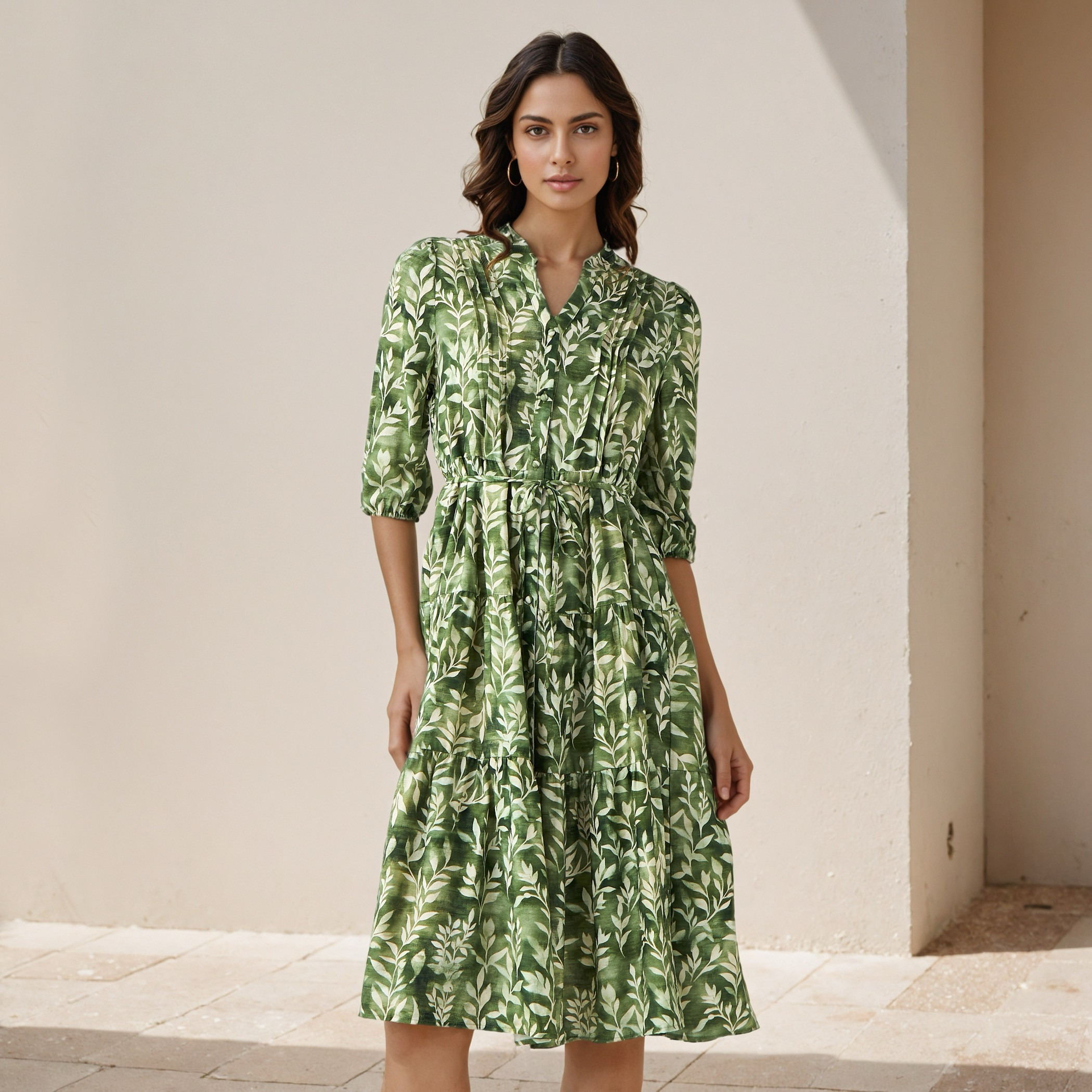 Pintuck Viscose Printed Midi Dress Green