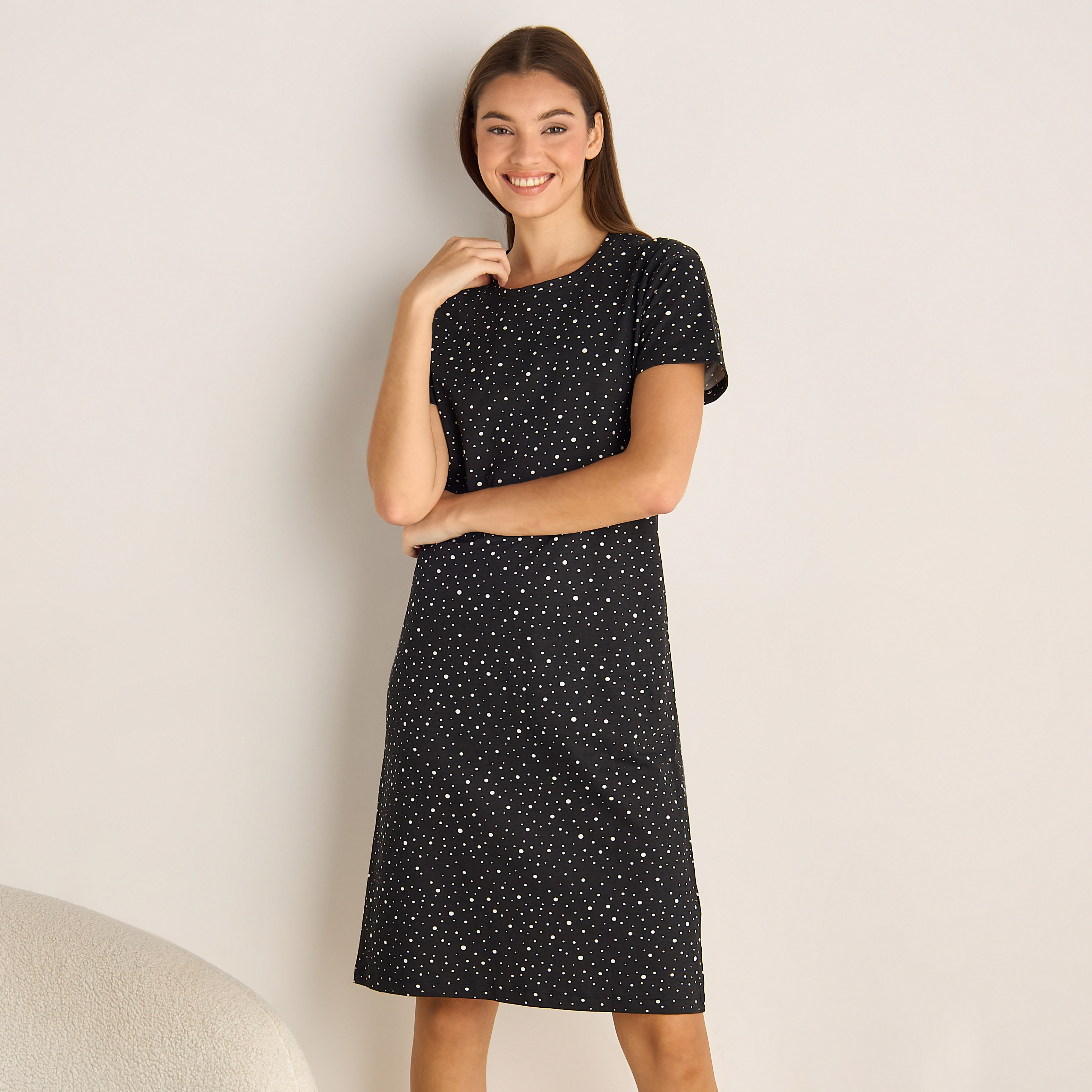 Printed Short Sleeve Sleepshirt Black