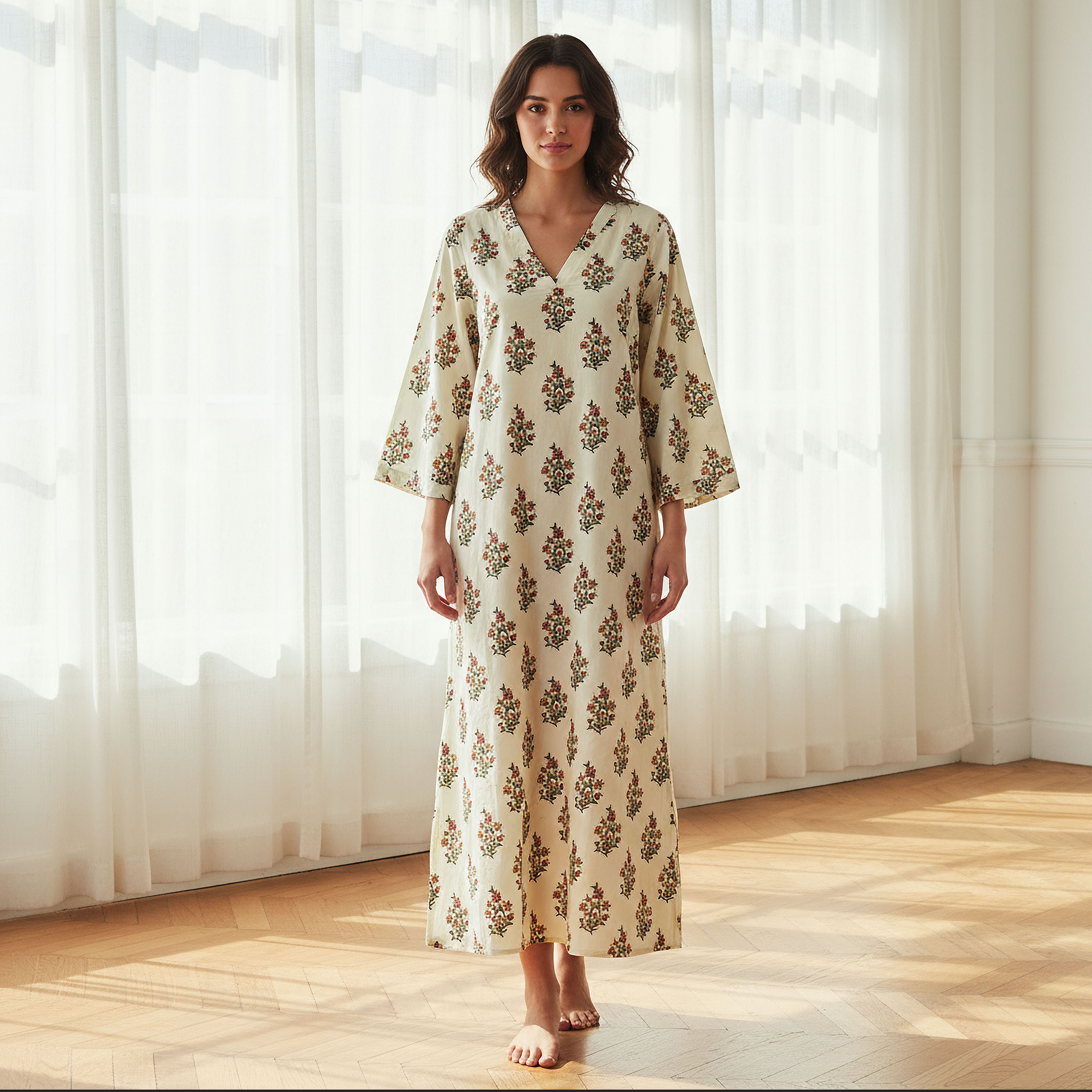 Night Dress Long Sleeves Printed Cotton