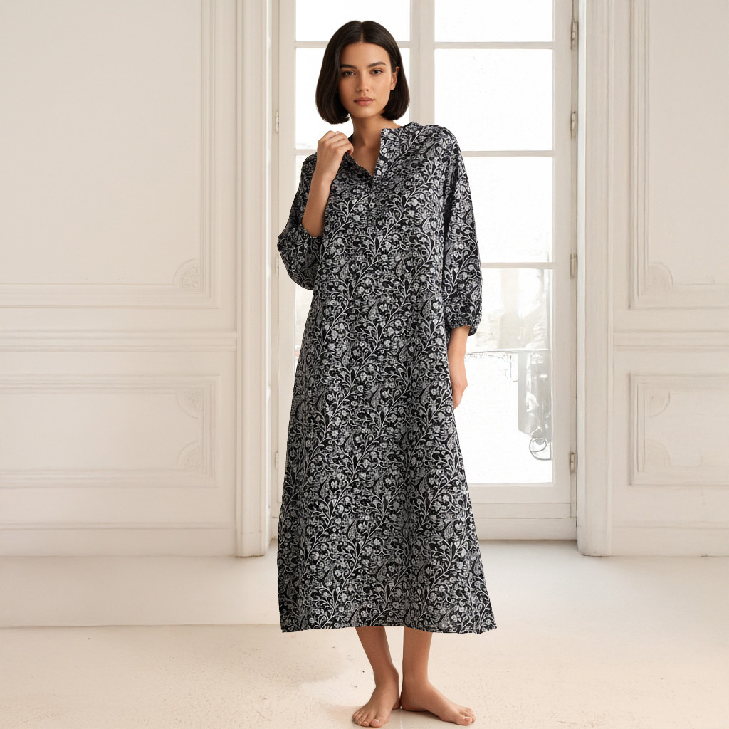 Long Sleeve Printed Cotton Night Dress Black