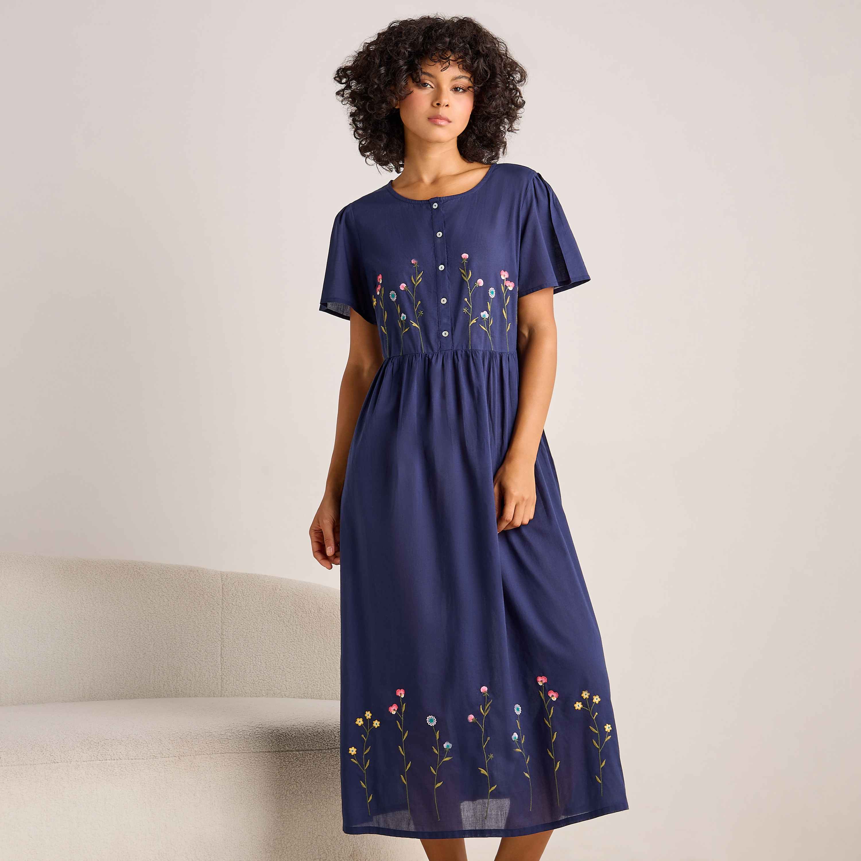 Cotton Floral Embroidery Short Sleeve Night Dress Blue