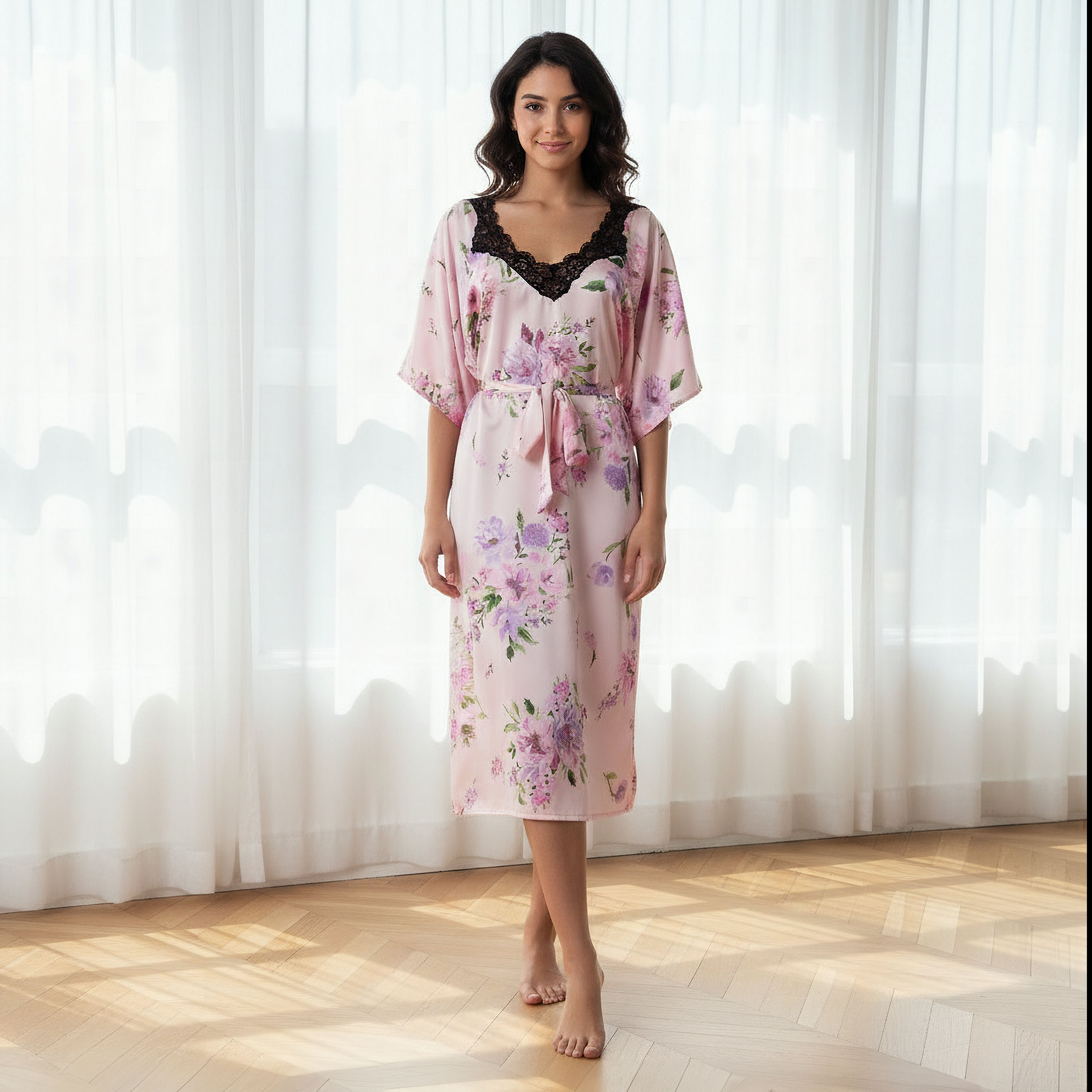 Aadaraya Floral Print Night Dress Pink