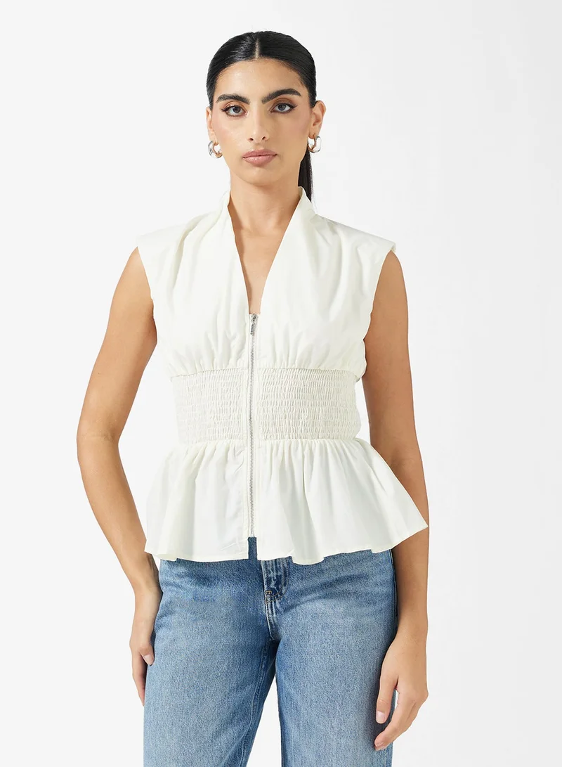 Front Zipper Peplum Top White