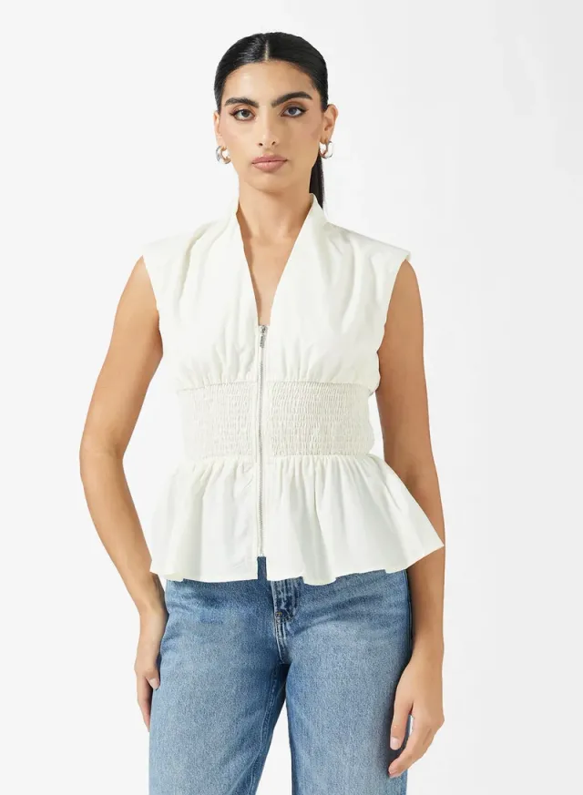 Front Zipper Peplum Top White