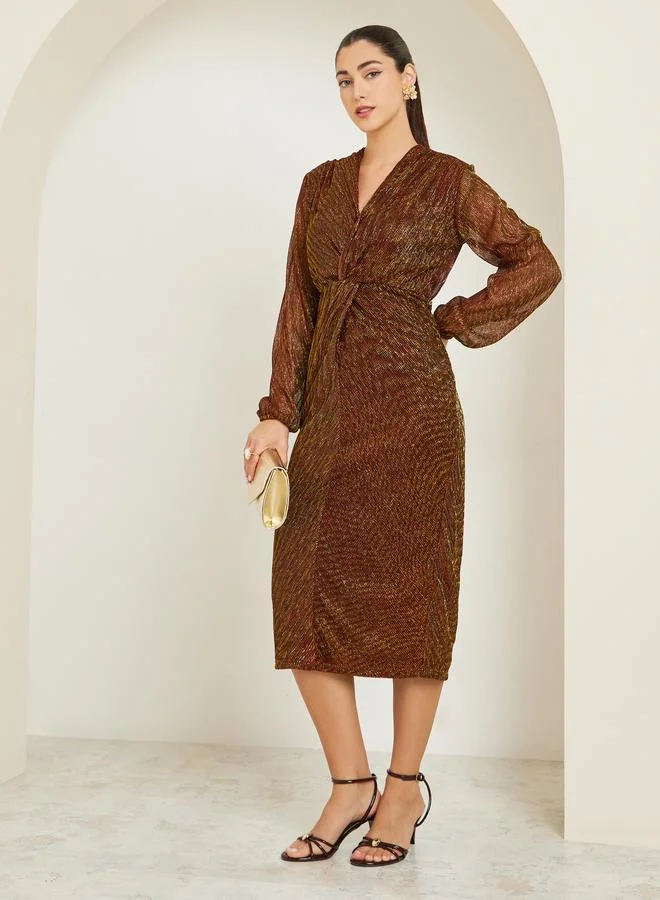 Plisse Textured Long Sleeve Midi Dress Brown