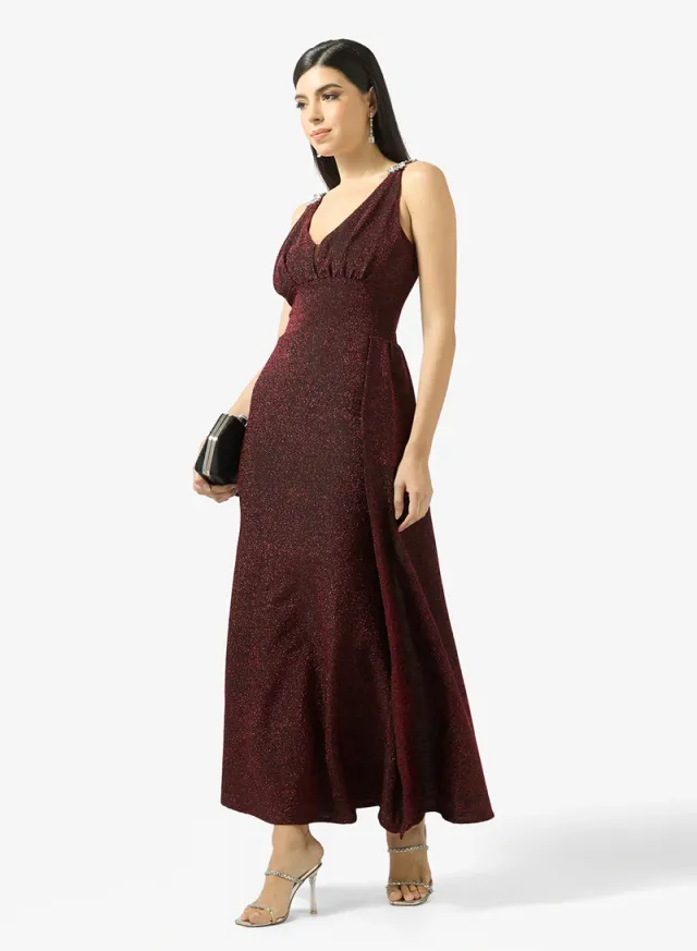 Burgundy Textured Maxi Fit & Flare Evening Dress – image 4