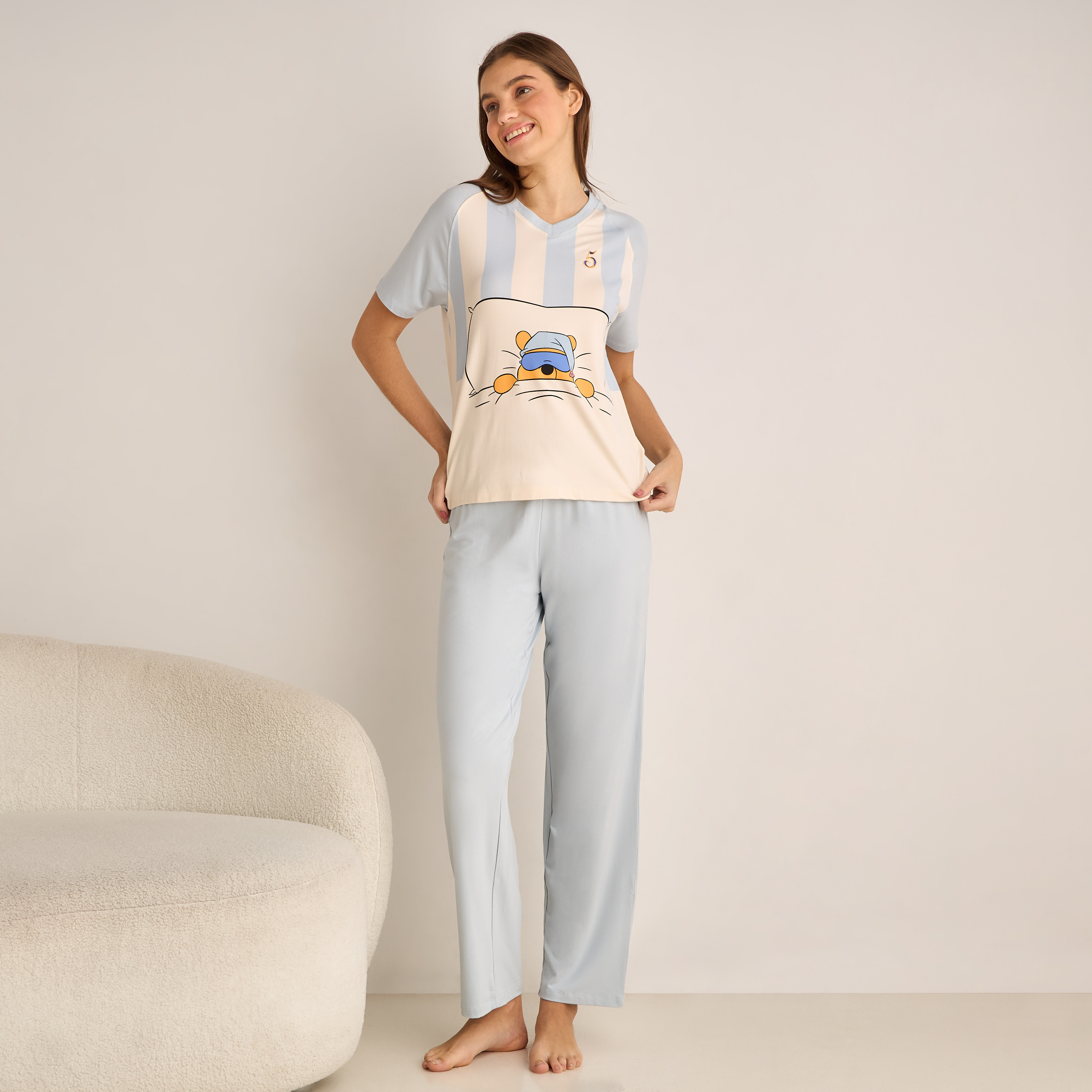 V-Neck T-Shirt & Trousers Pyjama Set Blue