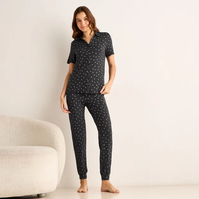 Modal Button-Down Pajama Set Black
