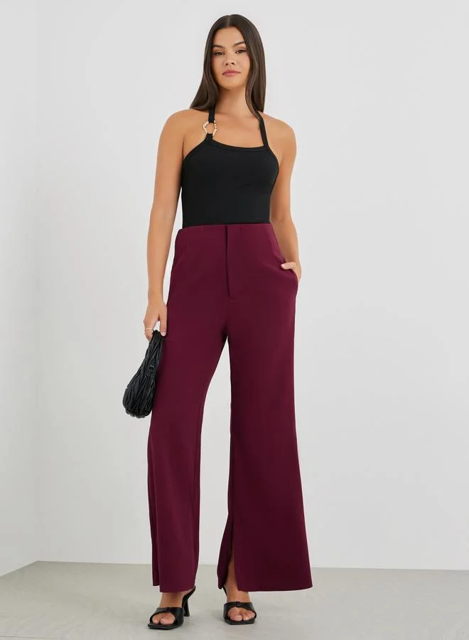 Solid Mid Rise Flare Pants Burgundy