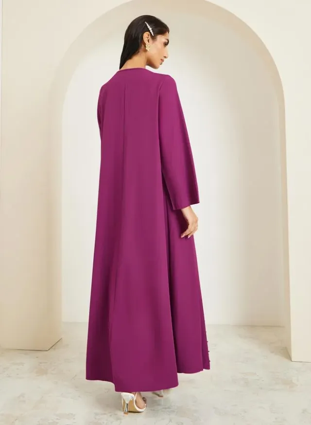 Dark Magenta Pearl Embellished Maxi Jalabiya with Long Sleeves – image 5