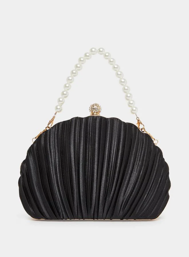 Pleated Clutch with Faux Pearl Handle Black