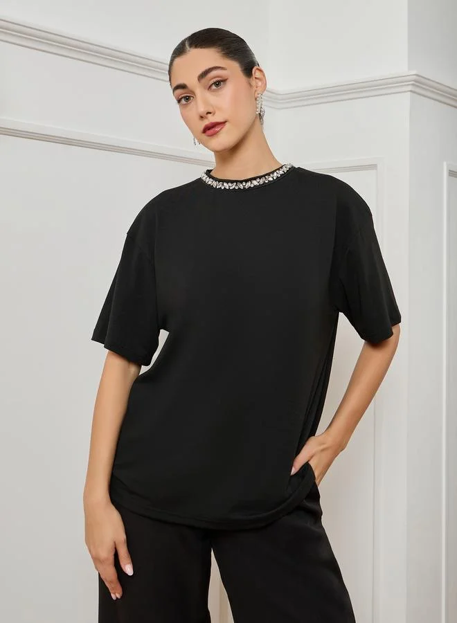 Women's Embellished Oversized T-Shirt Black