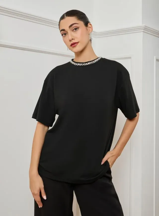 Women's Embellished Oversized T-Shirt Black