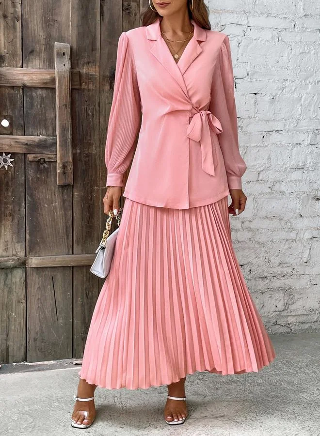 Wrap Blazer and Pleated Skirt Co-ord Set Pink