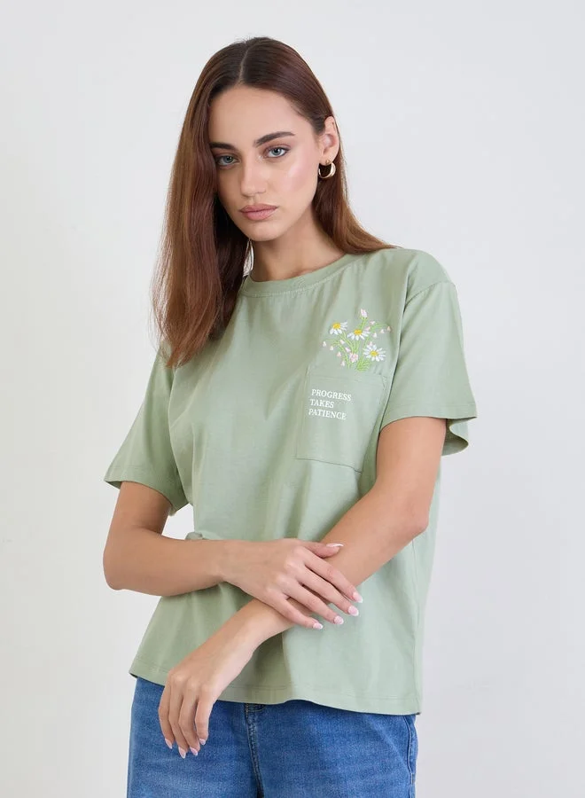 Styli Embroidered Floral Pocket T-Shirt Green
