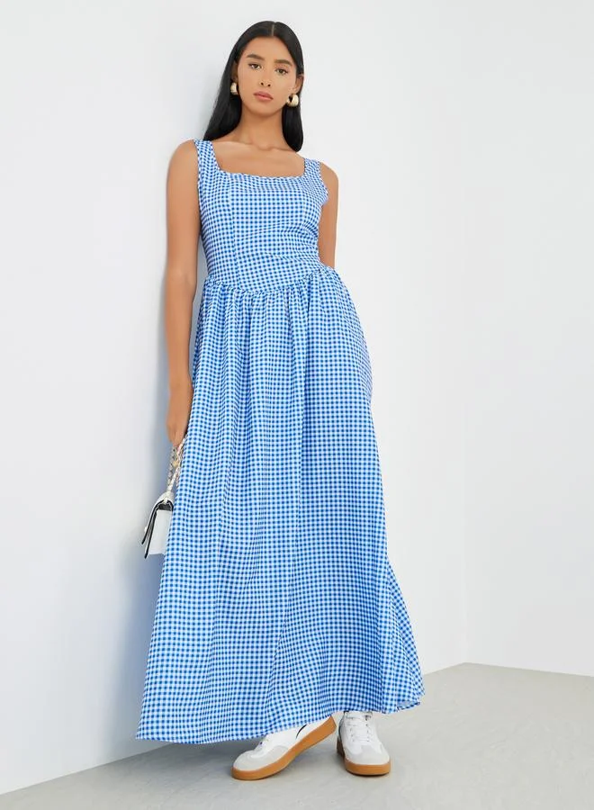 Checked Print Sleeveless A-Line Maxi Dress Sky Blue