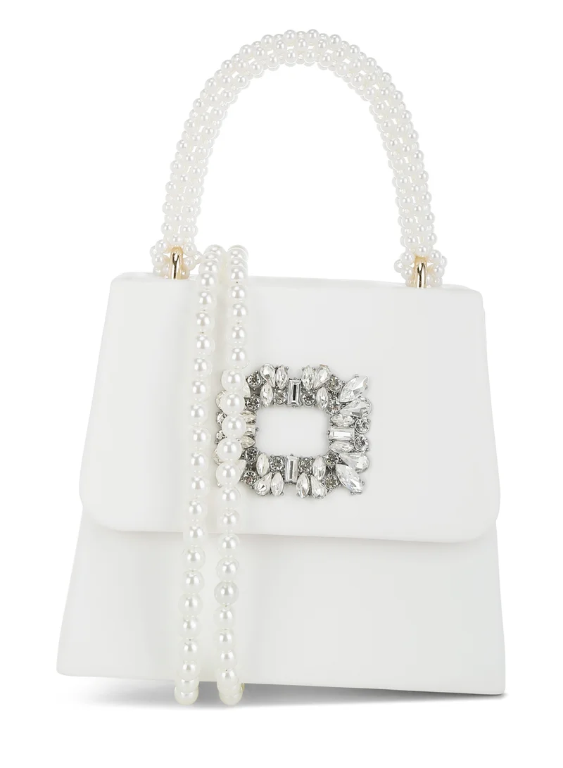 Pearl Handle Diamante Brooch Bag White