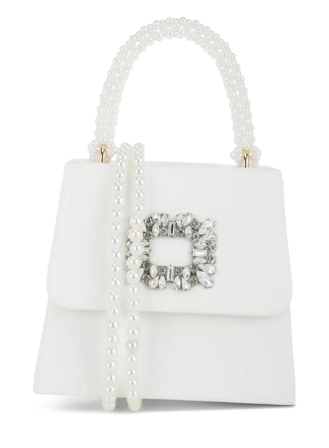 Pearl Handle Diamante Brooch Bag White