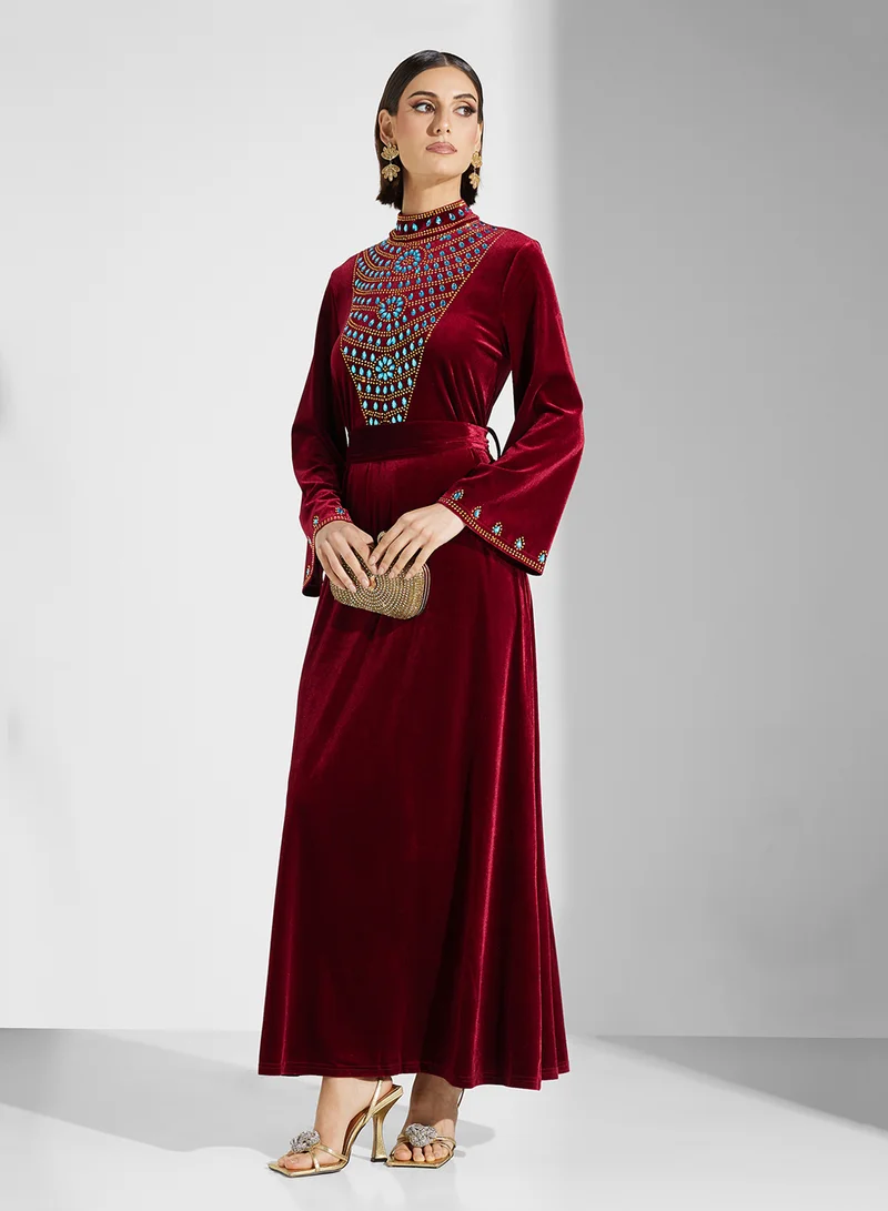 Embroidered Velvet Maxi Dress Burgundy