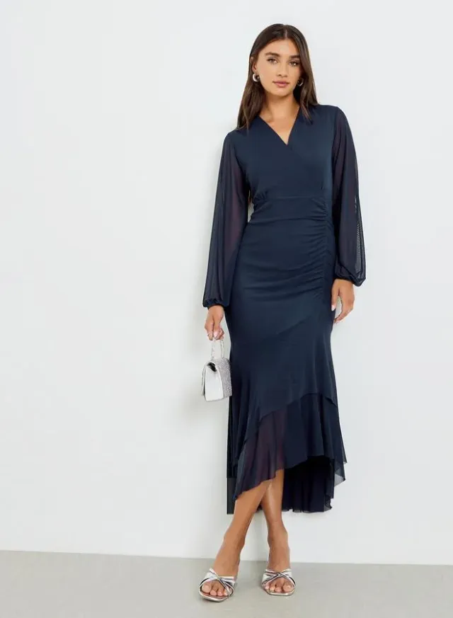 Navy Blue Polyester Maxi Dress with Long Bishop Sleeves – image 5