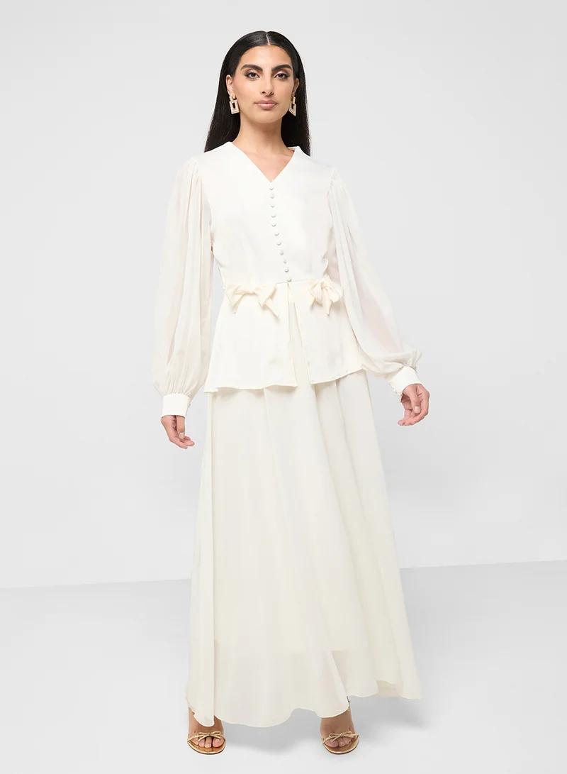 Sheer Sleeve Top & Skirt Set White