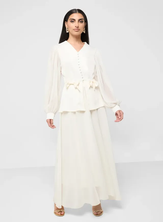 Sheer Sleeve Top & Skirt Set White