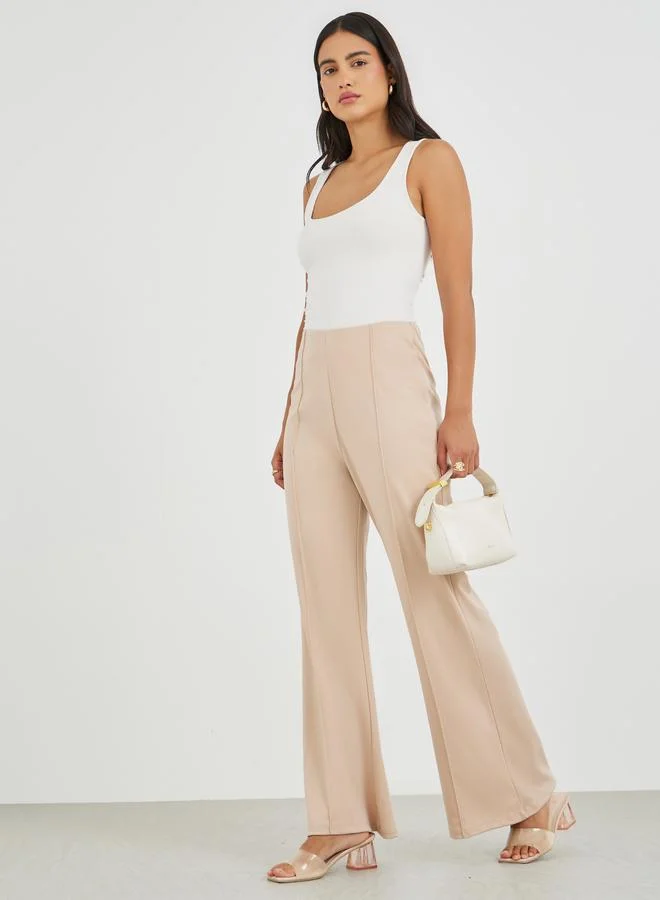 High Rise Pintuck Wide Leg Pants Beige