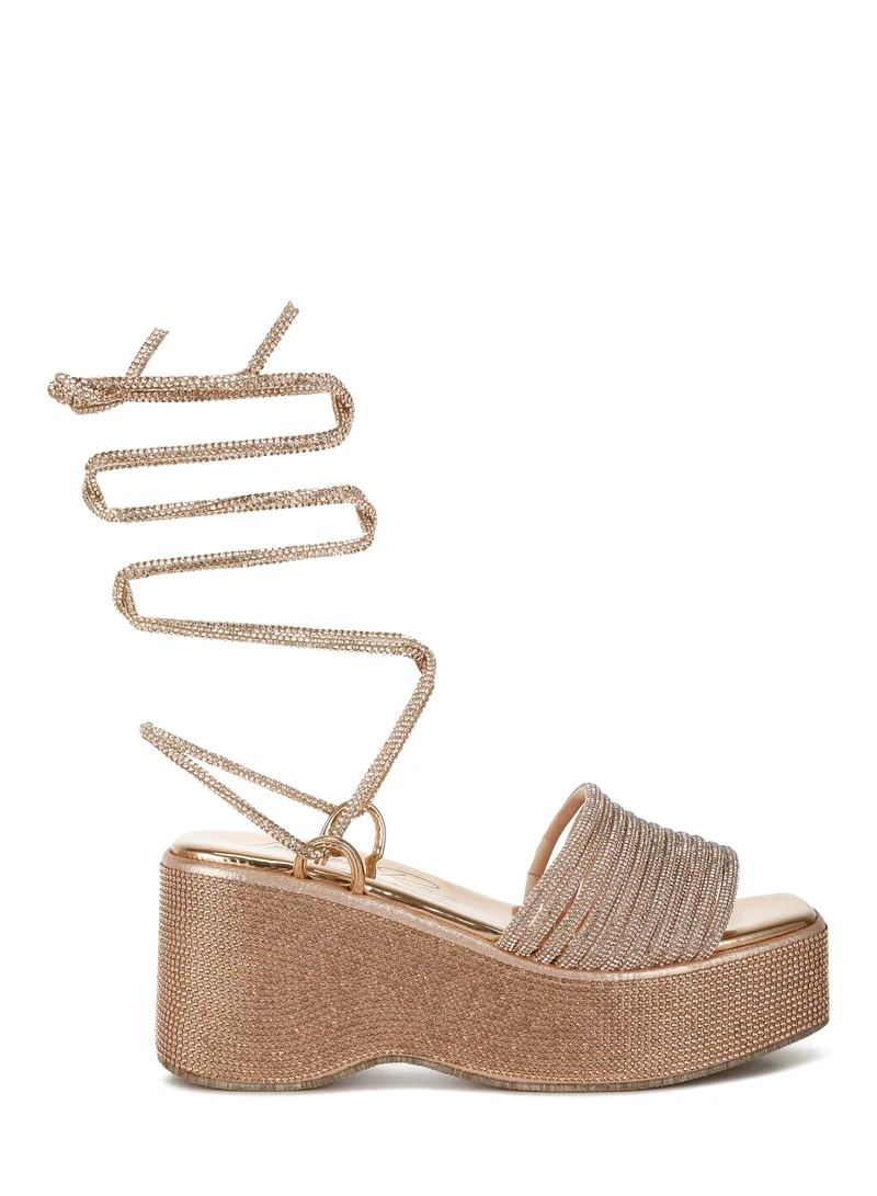 Rhinestone Lace-Up Sandals Rose Gold