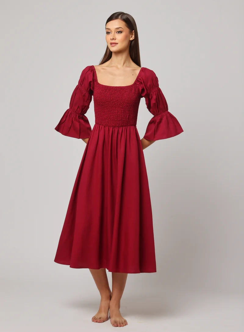 Shirred Bodice Midi Dress